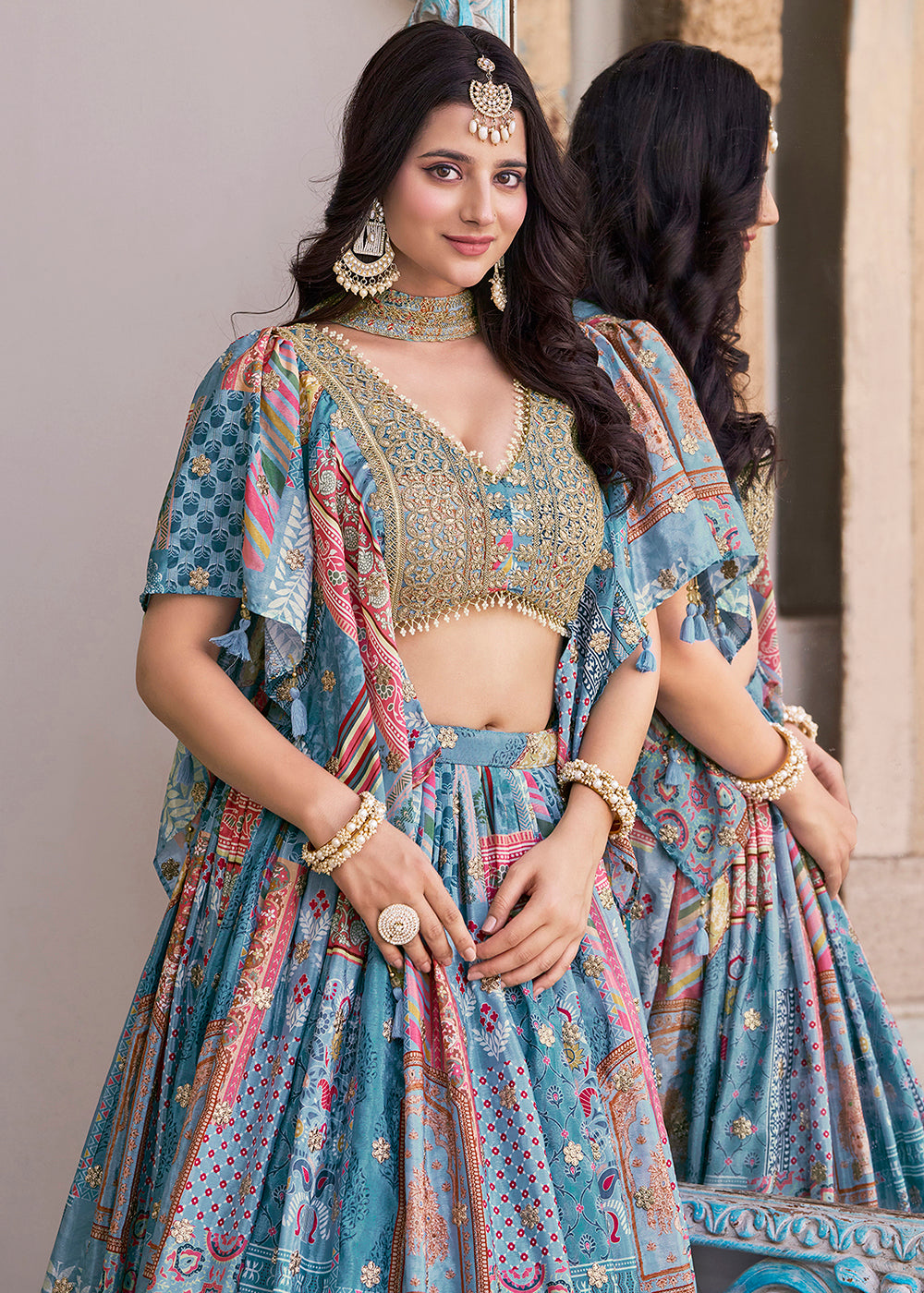 Buy Now Sky Printed & Zari Dori Embroidered Lehenga Choli Online in US, UK, Canada, France, Italy, Germany, Australia, UAE, Spain & Worldwide at Empress.