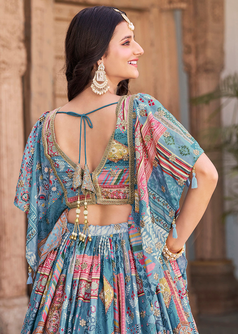 Buy Now Sky Printed & Zari Dori Embroidered Lehenga Choli Online in US, UK, Canada, France, Italy, Germany, Australia, UAE, Spain & Worldwide at Empress.