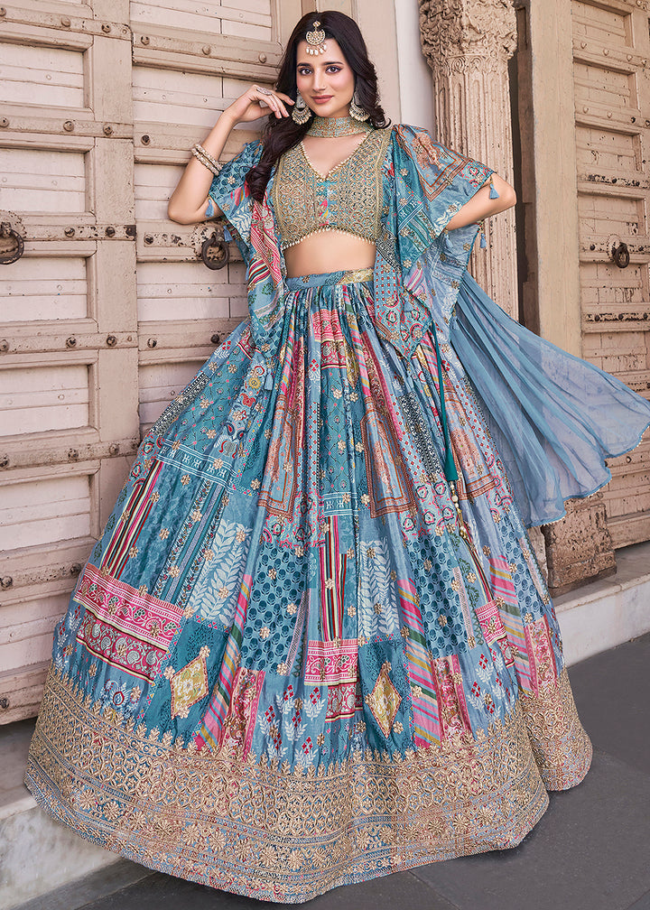 Buy Now Sky Printed & Zari Dori Embroidered Lehenga Choli Online in US, UK, Canada, France, Italy, Germany, Australia, UAE, Spain & Worldwide at Empress.