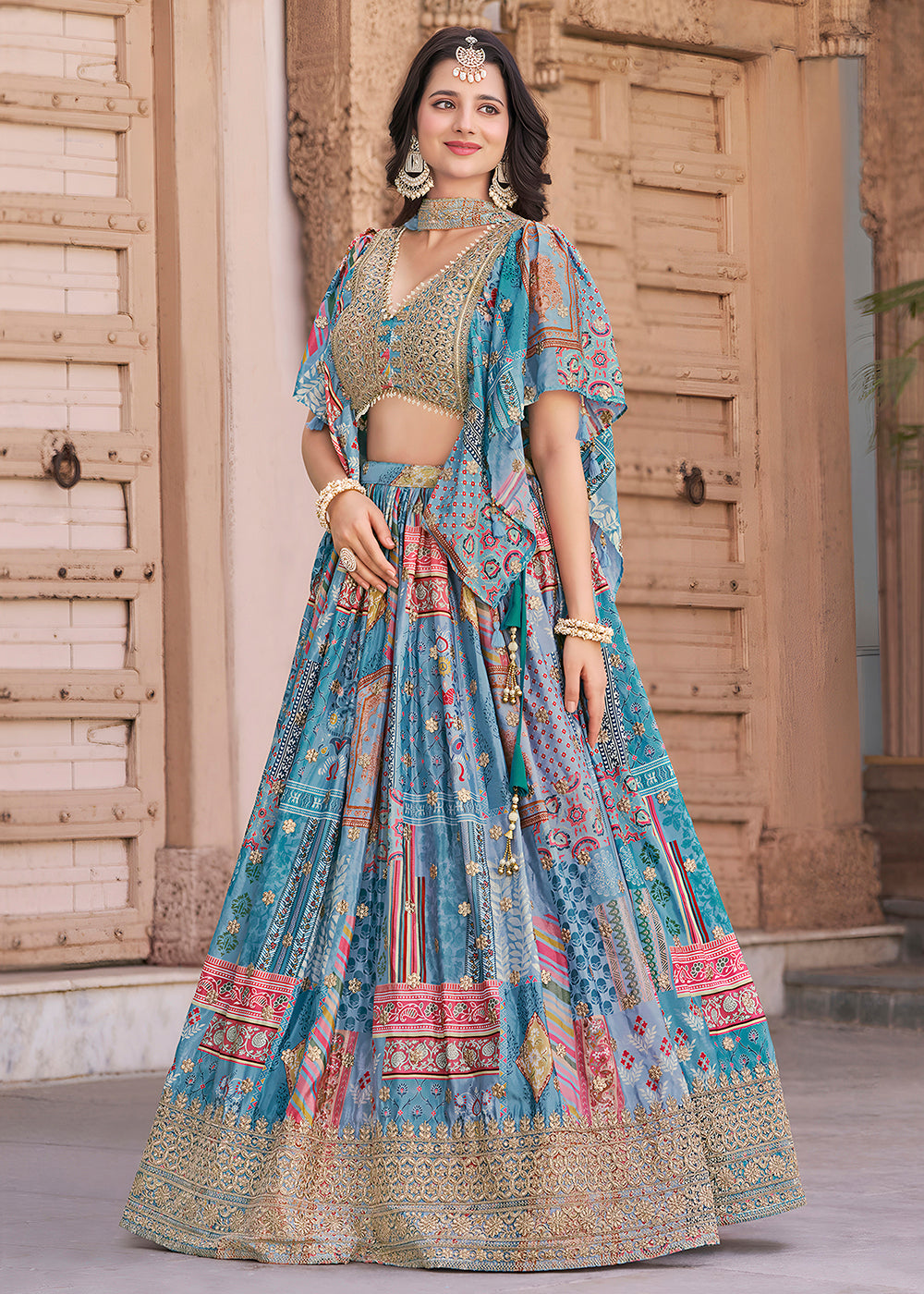 Buy Now Sky Printed & Zari Dori Embroidered Lehenga Choli Online in US, UK, Canada, France, Italy, Germany, Australia, UAE, Spain & Worldwide at Empress.