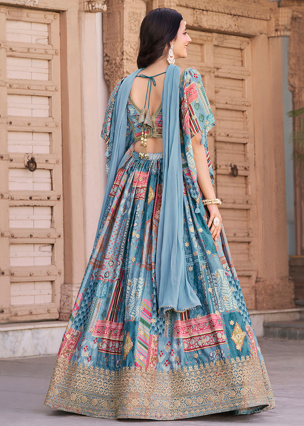 Buy Now Sky Printed & Zari Dori Embroidered Lehenga Choli Online in US, UK, Canada, France, Italy, Germany, Australia, UAE, Spain & Worldwide at Empress.