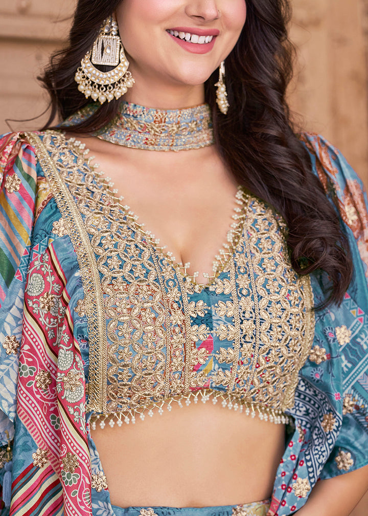Buy Now Sky Printed & Zari Dori Embroidered Lehenga Choli Online in US, UK, Canada, France, Italy, Germany, Australia, UAE, Spain & Worldwide at Empress.