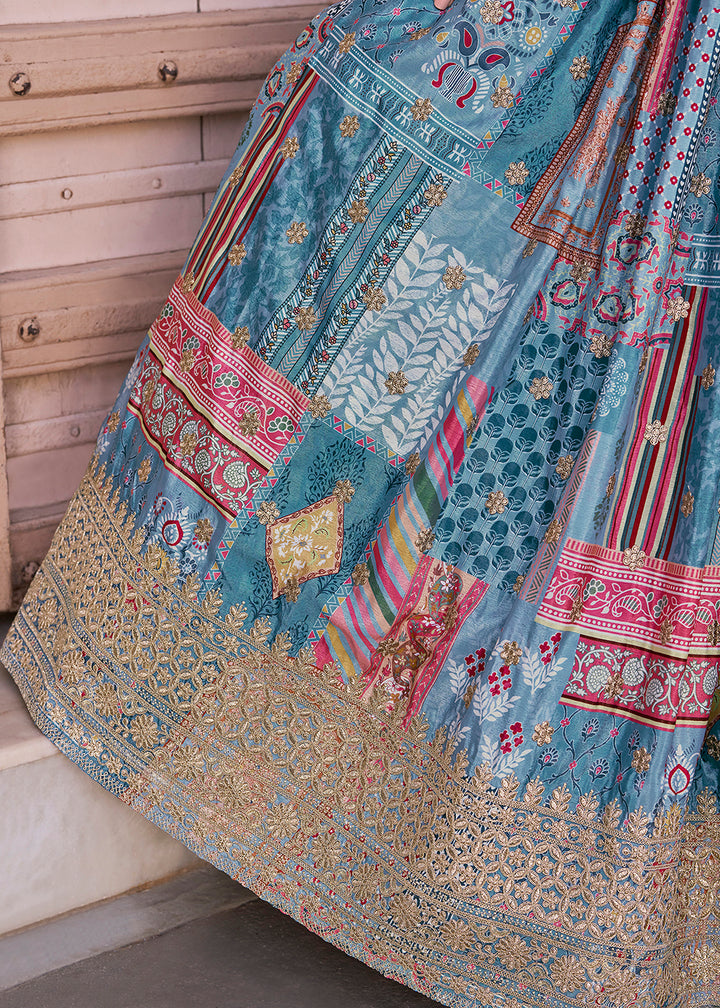 Buy Now Sky Printed & Zari Dori Embroidered Lehenga Choli Online in US, UK, Canada, France, Italy, Germany, Australia, UAE, Spain & Worldwide at Empress.