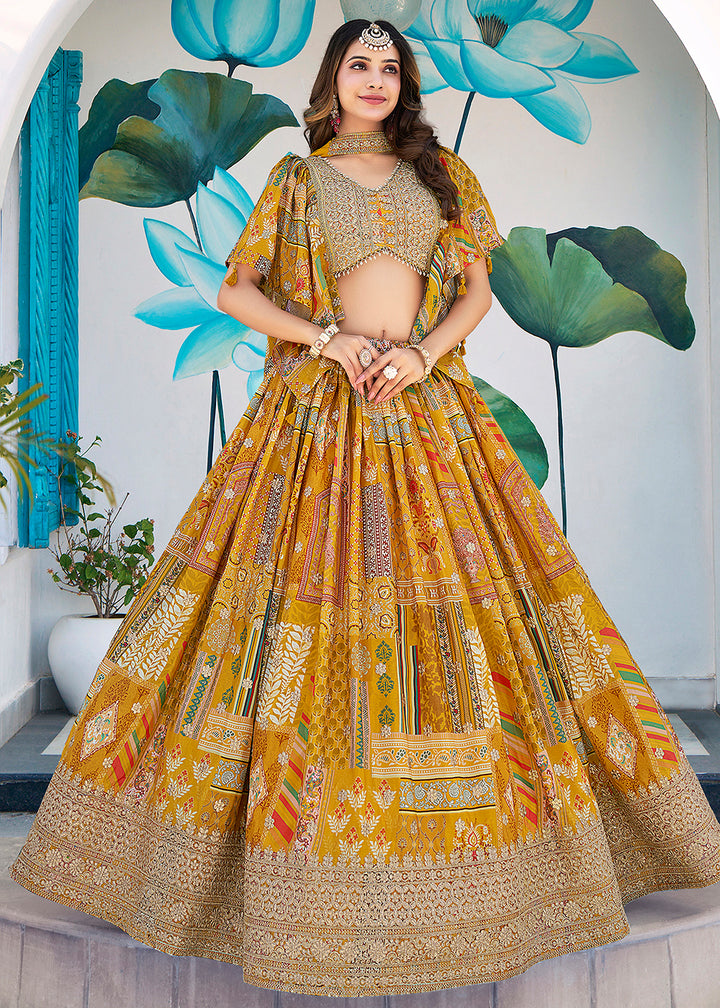 Buy Now Yellow Printed & Zari Dori Embroidered Lehenga Choli Online in US, UK, Canada, France, Italy, Germany, Australia, UAE, Spain & Worldwide at Empress.