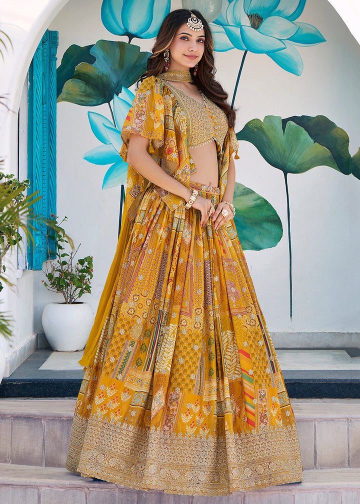 Buy Now Yellow Printed & Zari Dori Embroidered Lehenga Choli Online in US, UK, Canada, France, Italy, Germany, Australia, UAE, Spain & Worldwide at Empress.