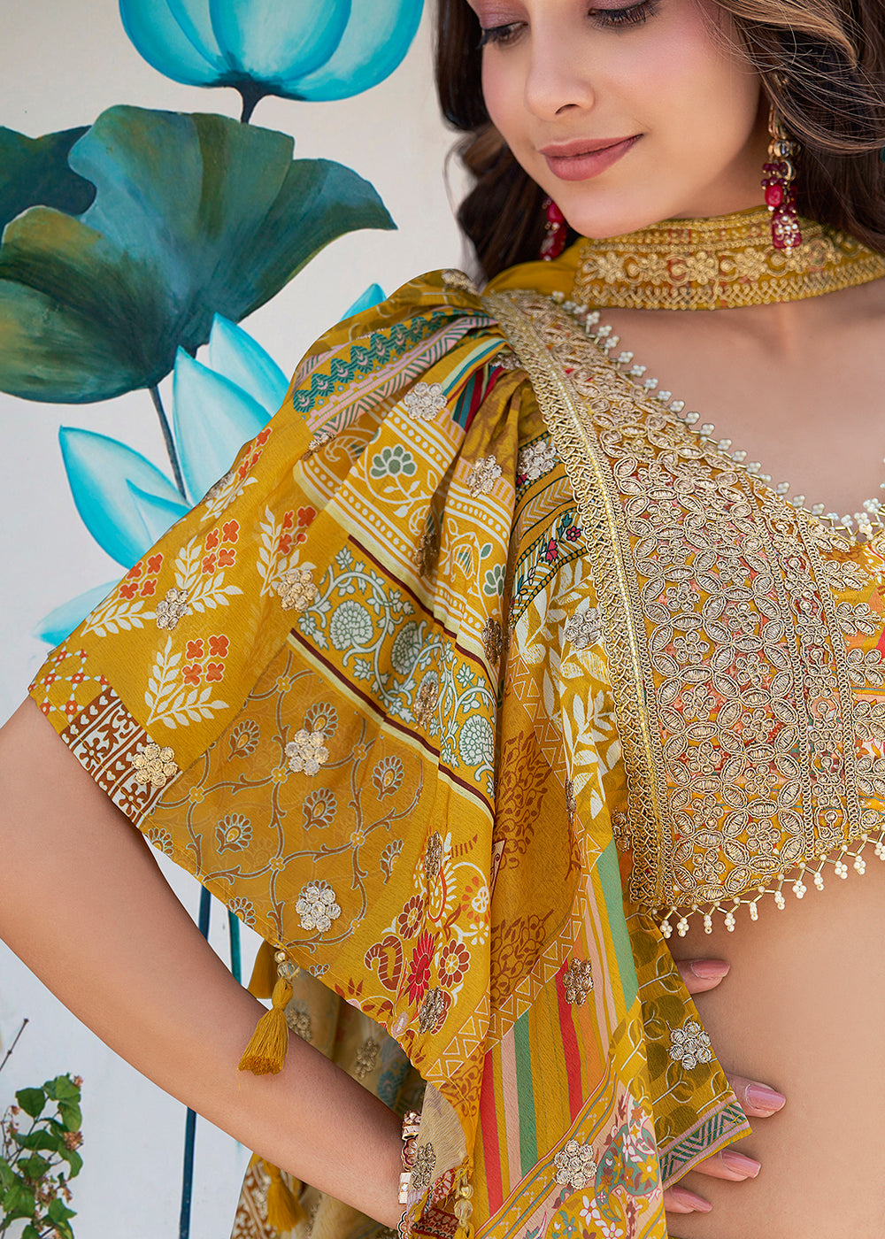 Buy Now Yellow Printed & Zari Dori Embroidered Lehenga Choli Online in US, UK, Canada, France, Italy, Germany, Australia, UAE, Spain & Worldwide at Empress.