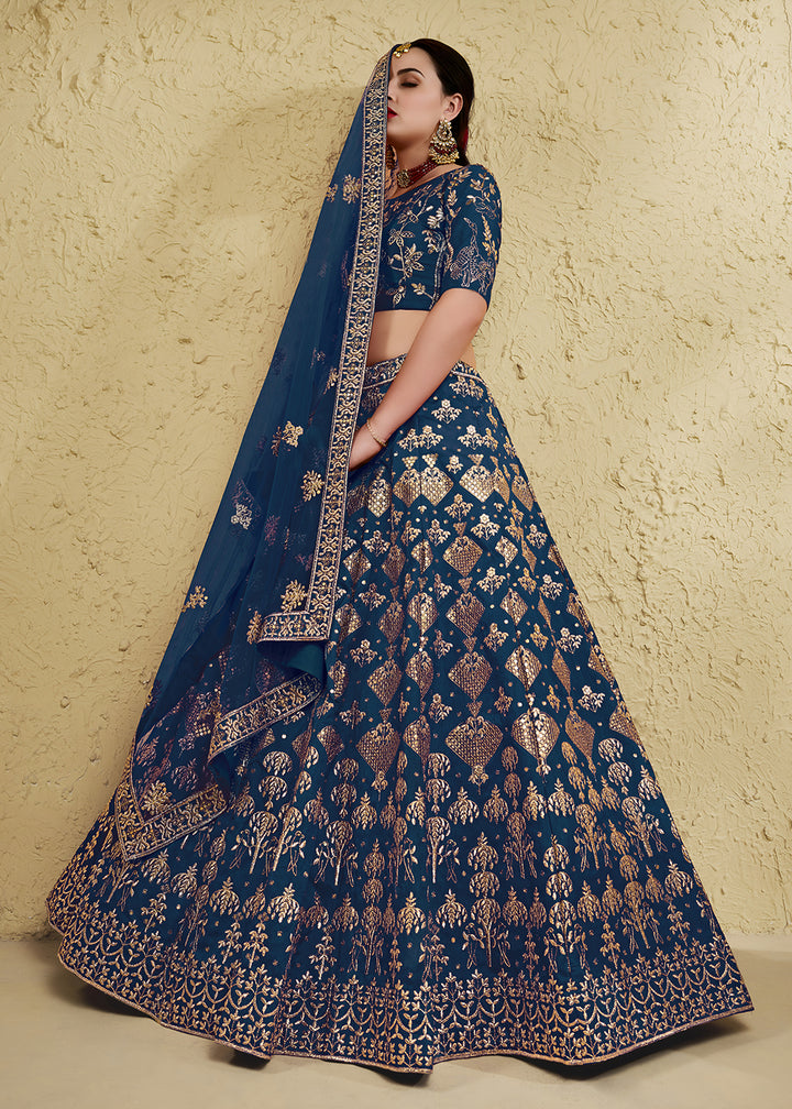 Buy Now Wedding Embroidered Blue Art Silk Lehenga Choli Online in US, UK, Canada, France, Italy, Germany, Sweden, Australia, Denmark, UAE &amp; Worldwide at Empress.