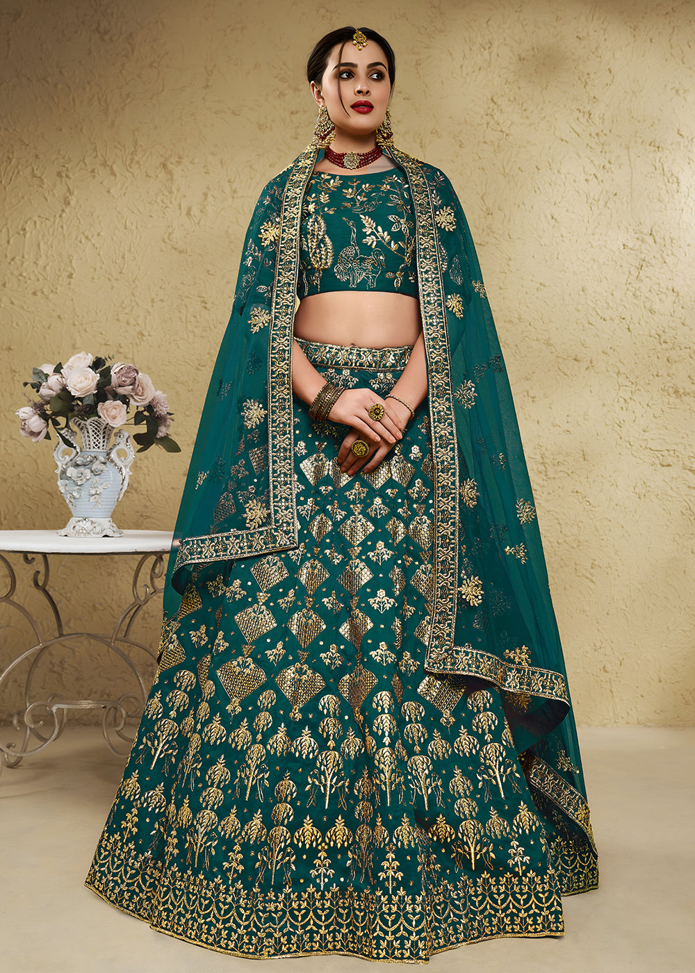 Buy Now Wedding Embroidered Green Art Silk Lehenga Choli Online in US, UK, Canada, France, Italy, Germany, Sweden, Australia, Denmark & Worldwide at Empress.