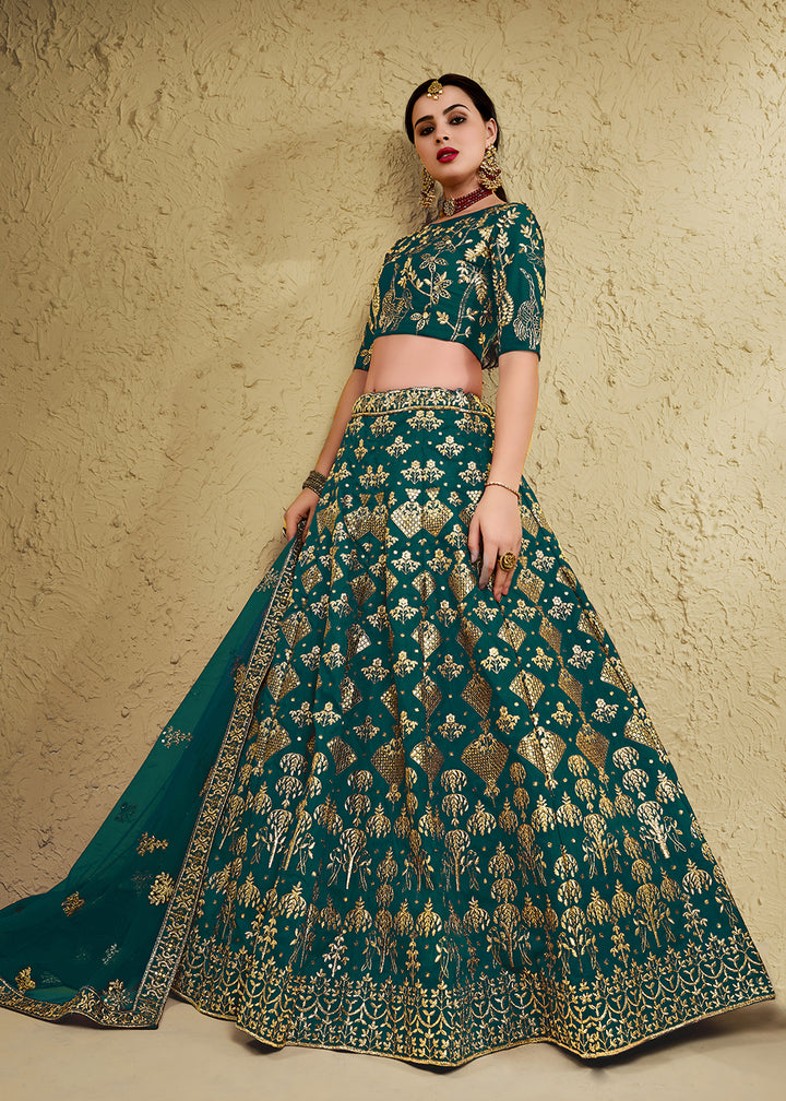 Buy Now Wedding Embroidered Green Art Silk Lehenga Choli Online in US, UK, Canada, France, Italy, Germany, Sweden, Australia, Denmark &amp; Worldwide at Empress.