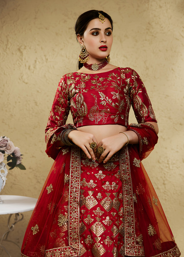 Buy Now Wedding Embroidered Red Art Silk Lehenga Choli Online in US, UK, Canada, France, Italy, Germany, Sweden, Australia, Denmark, UAE &amp; Worldwide at Empress.