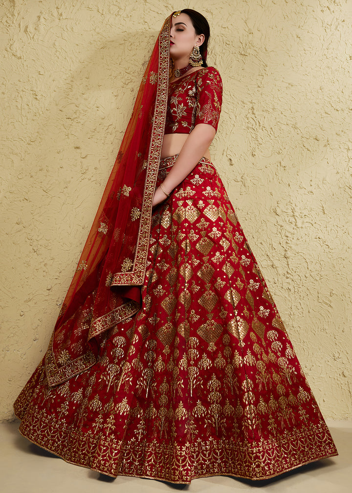 Buy Now Wedding Embroidered Red Art Silk Lehenga Choli Online in US, UK, Canada, France, Italy, Germany, Sweden, Australia, Denmark, UAE &amp; Worldwide at Empress.