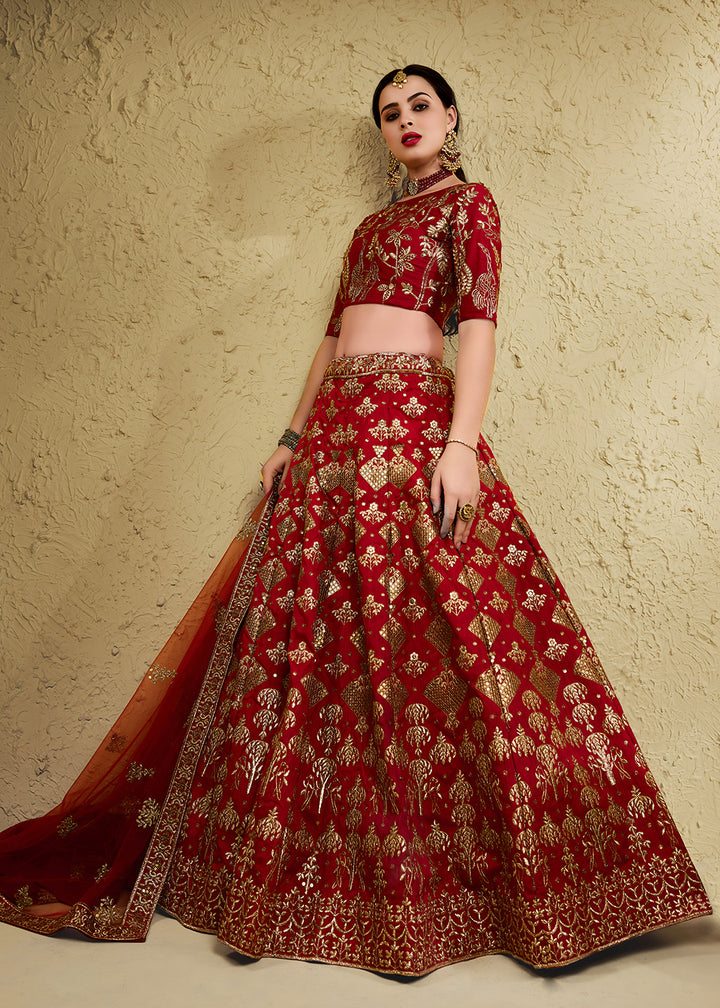 Buy Now Wedding Embroidered Red Art Silk Lehenga Choli Online in US, UK, Canada, France, Italy, Germany, Sweden, Australia, Denmark, UAE &amp; Worldwide at Empress.