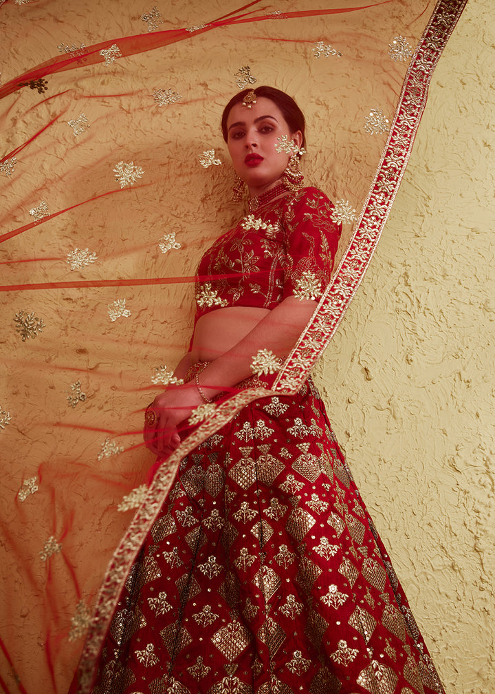 Buy Now Wedding Embroidered Red Art Silk Lehenga Choli Online in US, UK, Canada, France, Italy, Germany, Sweden, Australia, Denmark, UAE &amp; Worldwide at Empress.