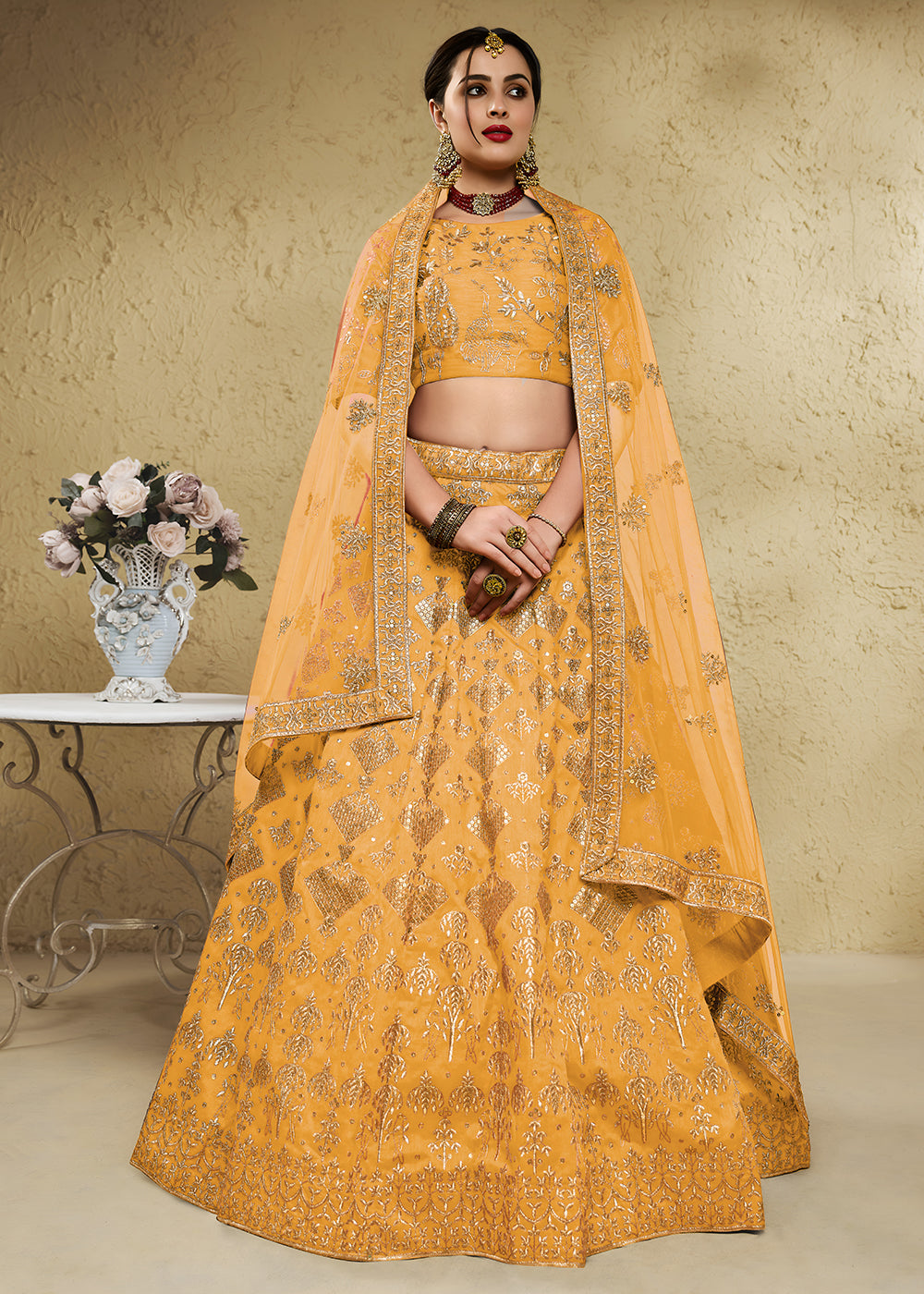 Buy Now Wedding Embroidered Yellow Art Silk Lehenga Choli Online in US, UK, Canada, France, Italy, Germany, Sweden, Australia, Denmark & Worldwide at Empress.