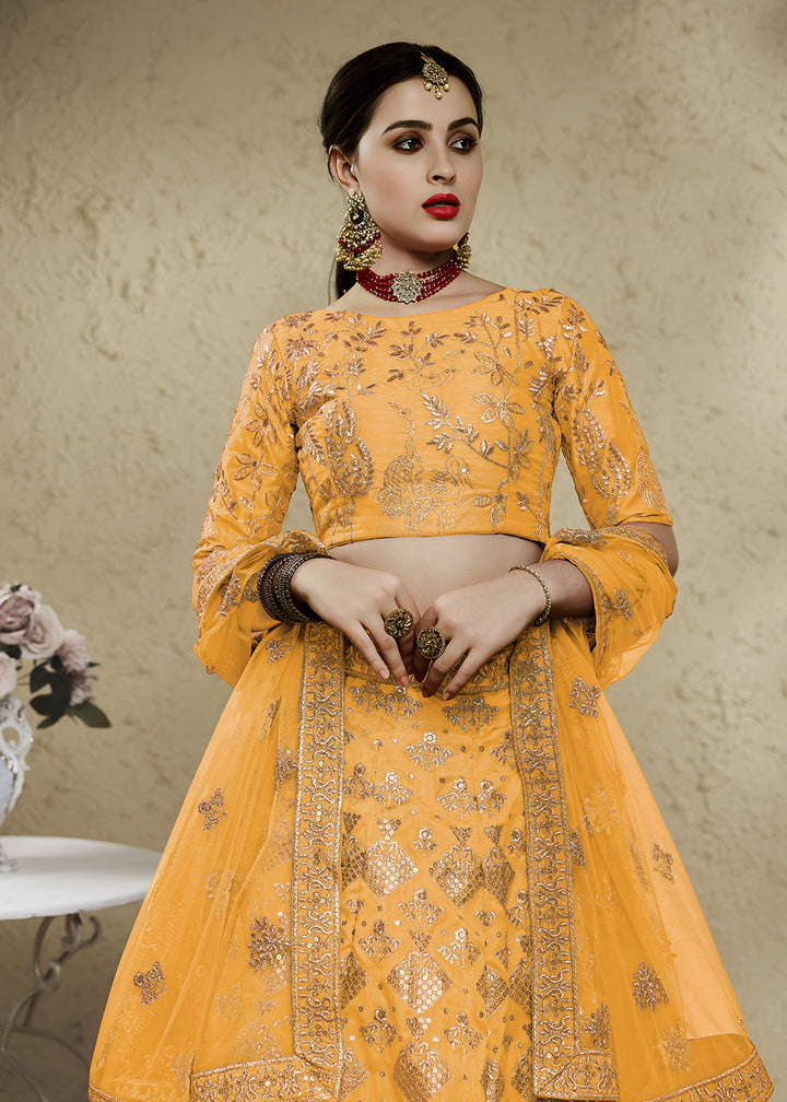 Buy Now Wedding Embroidered Yellow Art Silk Lehenga Choli Online in US, UK, Canada, France, Italy, Germany, Sweden, Australia, Denmark &amp; Worldwide at Empress.
