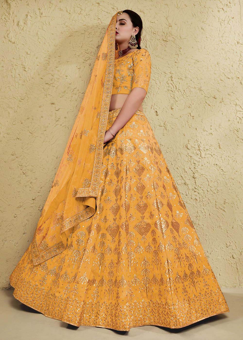 Buy Now Wedding Embroidered Yellow Art Silk Lehenga Choli Online in US, UK, Canada, France, Italy, Germany, Sweden, Australia, Denmark &amp; Worldwide at Empress.