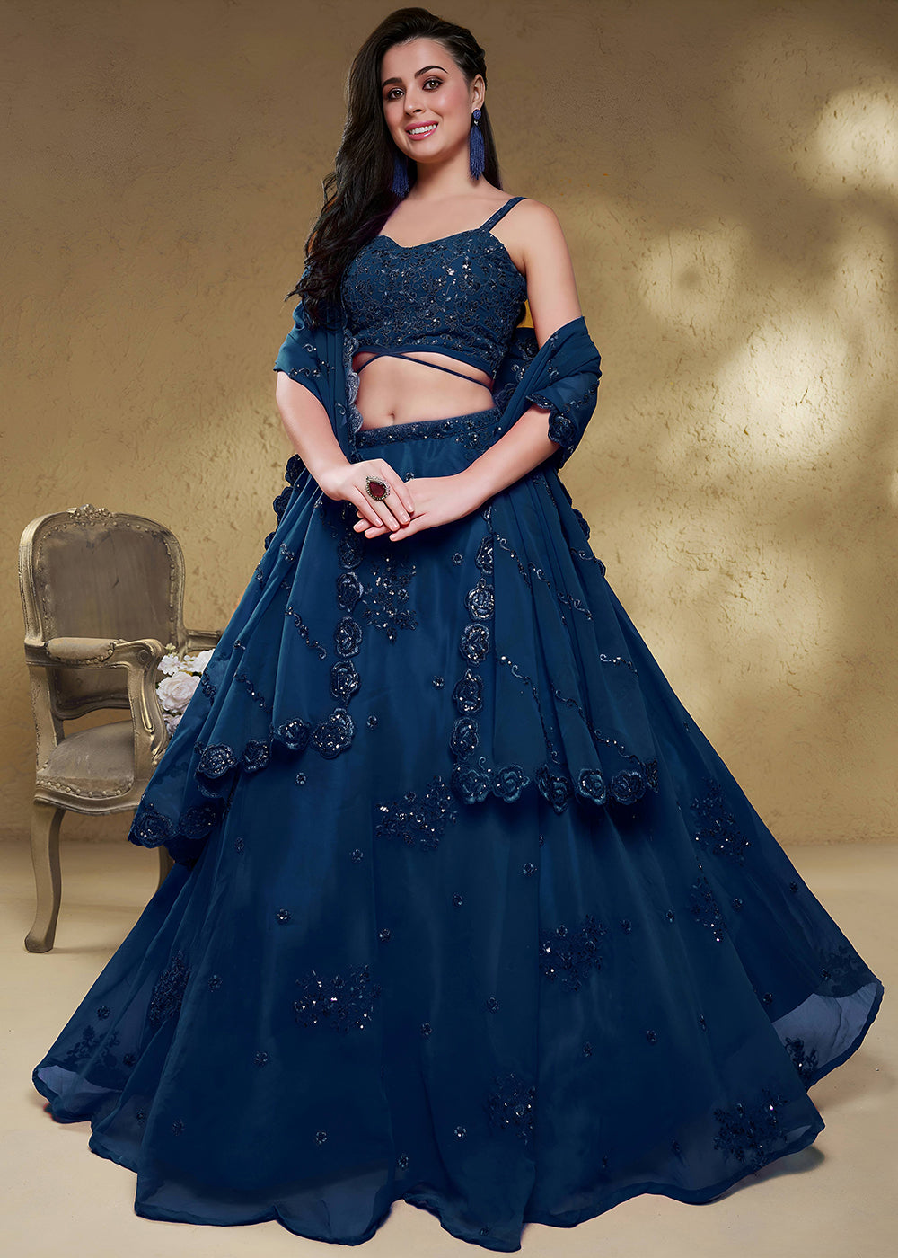 Buy Now Blue Sequins & Dori Embroidered Festive Lehenga Choli Online in US, UK, Canada, France, Italy, Germany, Sweden, Australia, UAE & Worldwide at Empress.