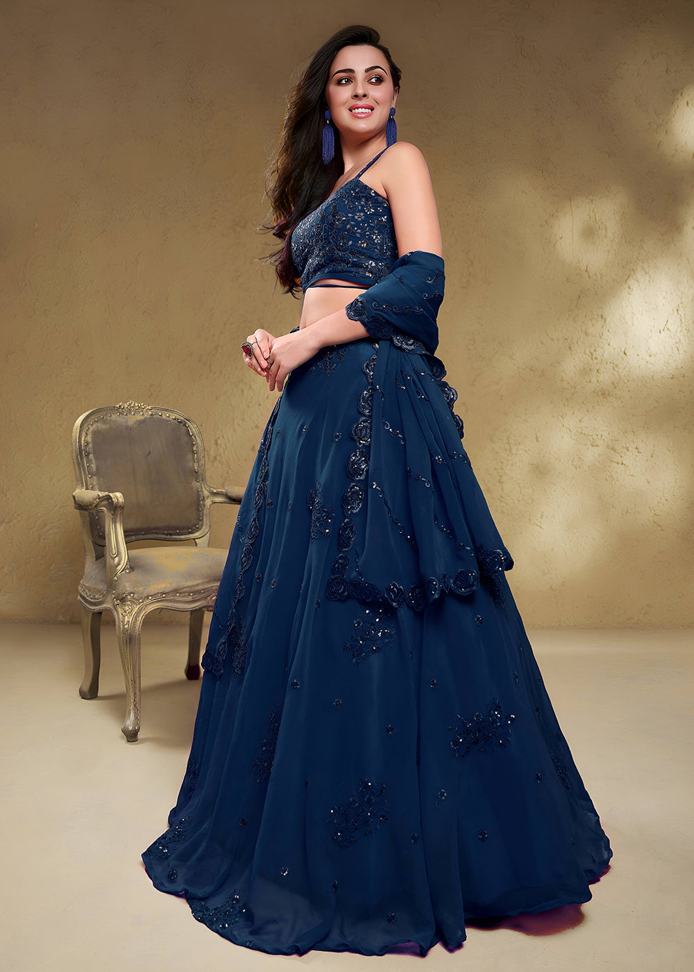 Buy Now Blue Sequins &amp; Dori Embroidered Festive Lehenga Choli Online in US, UK, Canada, France, Italy, Germany, Sweden, Australia, UAE &amp; Worldwide at Empress.