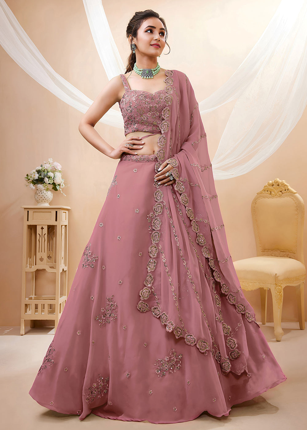 Buy Now Peach Sequins & Dori Embroidered Festive Lehenga Choli Online in US, UK, Canada, France, Italy, Germany, Sweden, Australia, UAE & Worldwide at Empress.