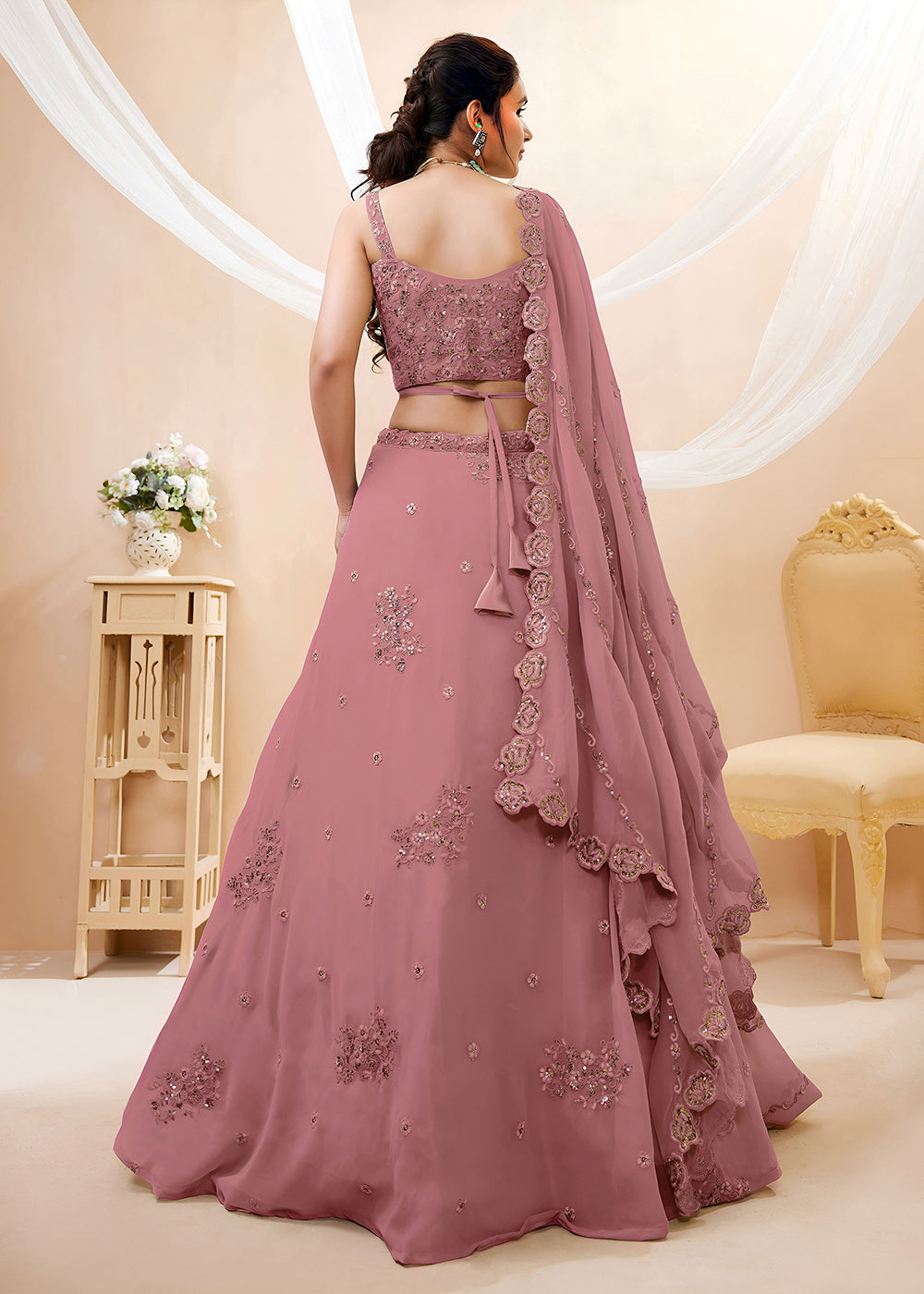 Buy Now Peach Sequins &amp; Dori Embroidered Festive Lehenga Choli Online in US, UK, Canada, France, Italy, Germany, Sweden, Australia, UAE &amp; Worldwide at Empress.