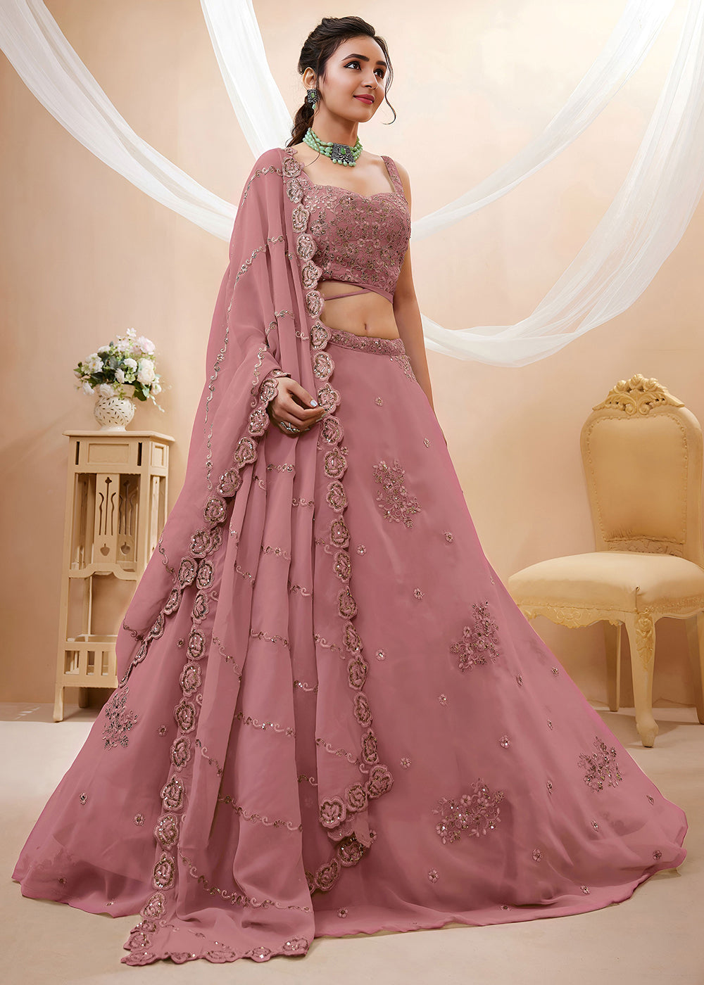 Buy Now Peach Sequins &amp; Dori Embroidered Festive Lehenga Choli Online in US, UK, Canada, France, Italy, Germany, Sweden, Australia, UAE &amp; Worldwide at Empress.