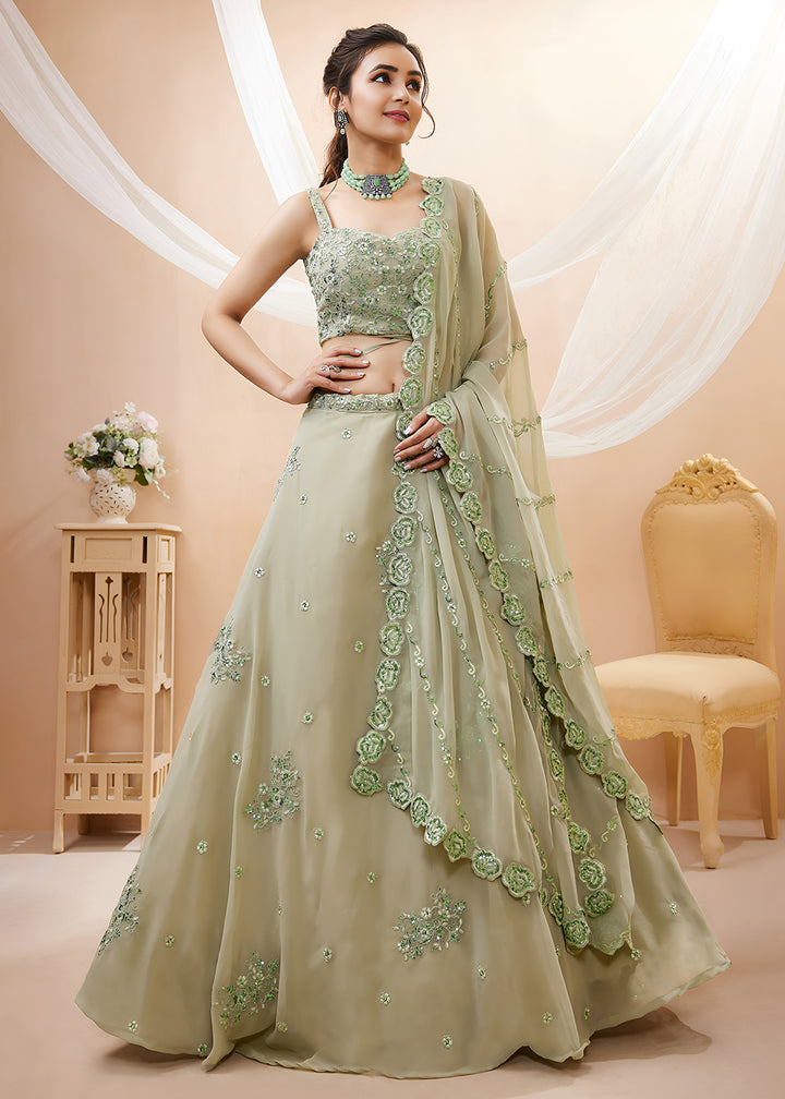 Buy Now Green Sequins &amp; Dori Embroidered Festive Lehenga Choli Online in US, UK, Canada, France, Italy, Germany, Sweden, Australia, UAE &amp; Worldwide at Empress.