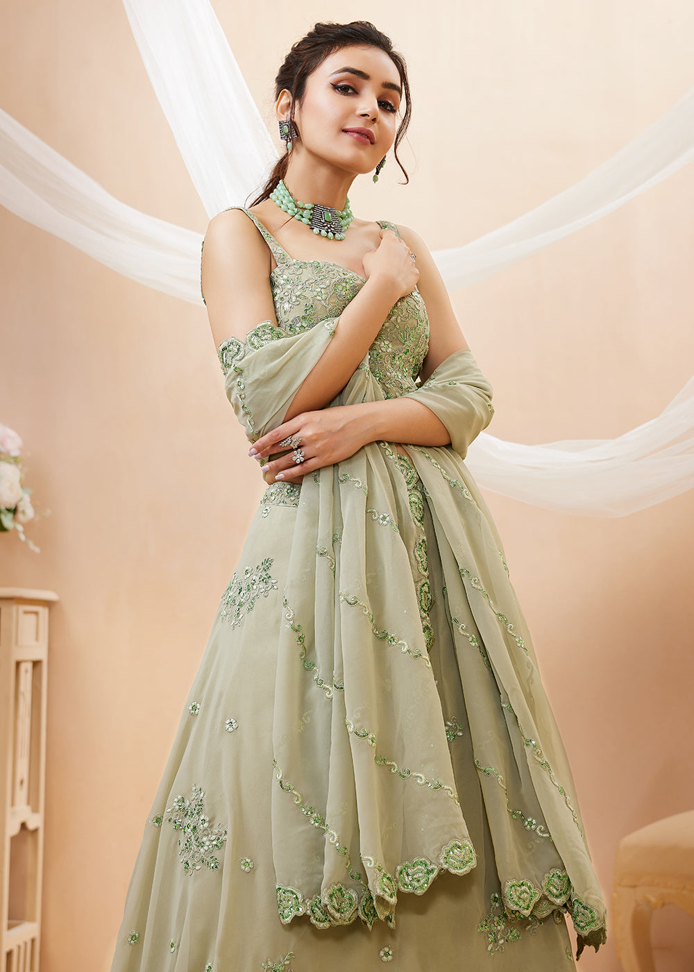 Buy Now Green Sequins & Dori Embroidered Festive Lehenga Choli Online in US, UK, Canada, France, Italy, Germany, Sweden, Australia, UAE & Worldwide at Empress.