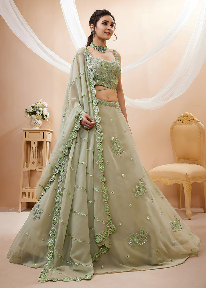 Buy Now Green Sequins &amp; Dori Embroidered Festive Lehenga Choli Online in US, UK, Canada, France, Italy, Germany, Sweden, Australia, UAE &amp; Worldwide at Empress.