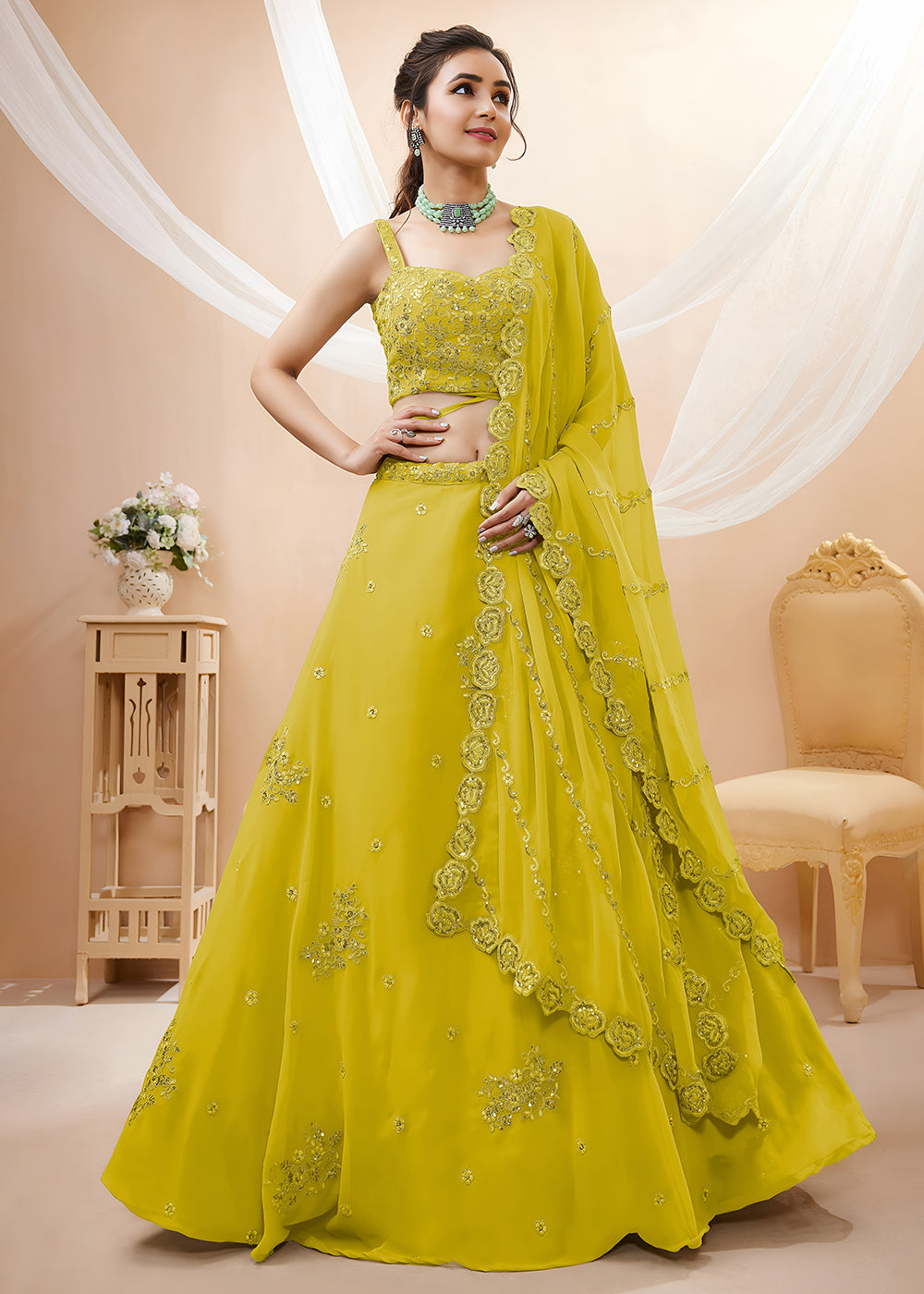 Buy Now Yellow Sequins & Dori Embroidered Festive Lehenga Choli Online in US, UK, Canada, France, Italy, Germany, Sweden, Australia, UAE & Worldwide at Empress.