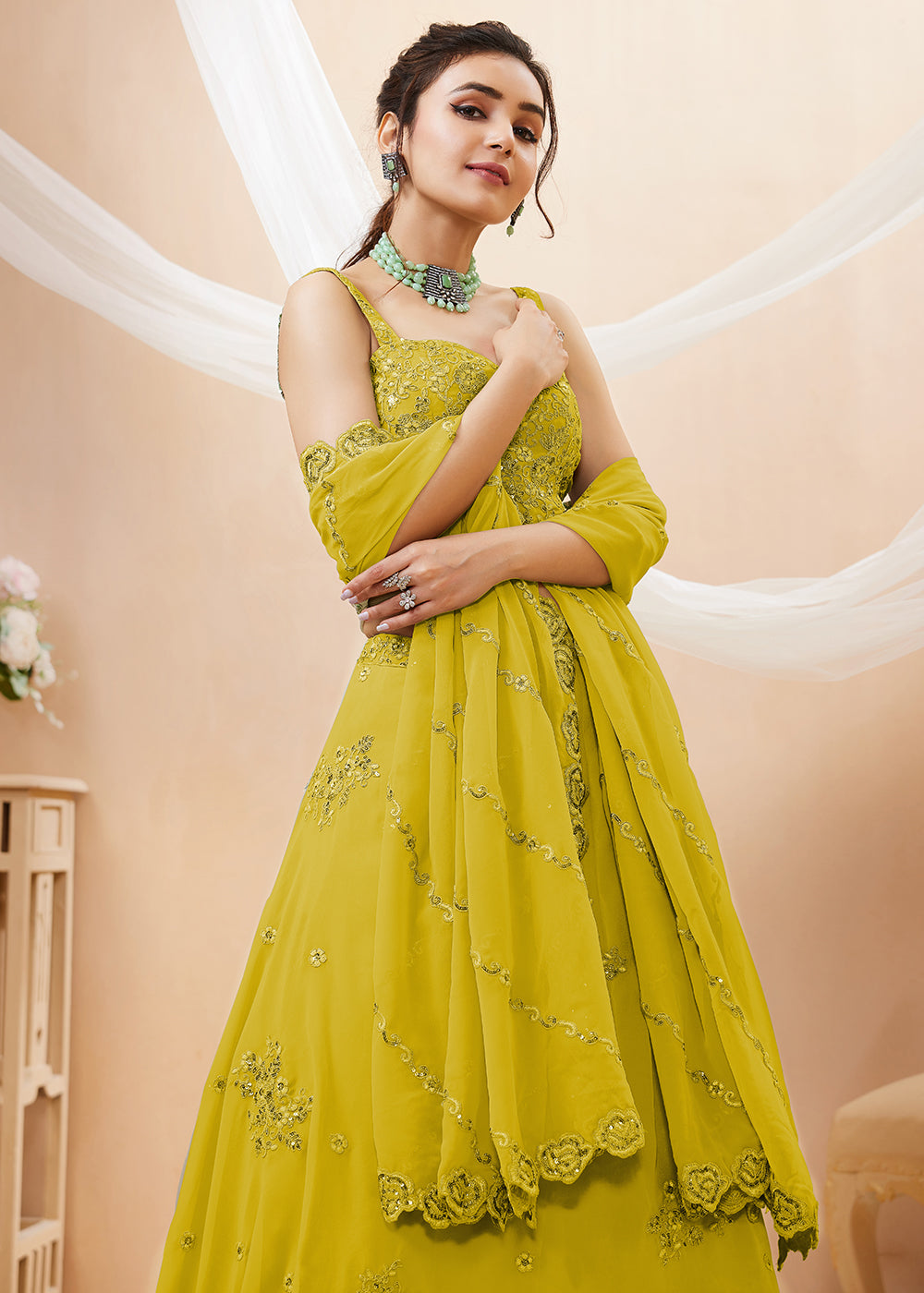 Buy Now Yellow Sequins & Dori Embroidered Festive Lehenga Choli Online in US, UK, Canada, France, Italy, Germany, Sweden, Australia, UAE & Worldwide at Empress.