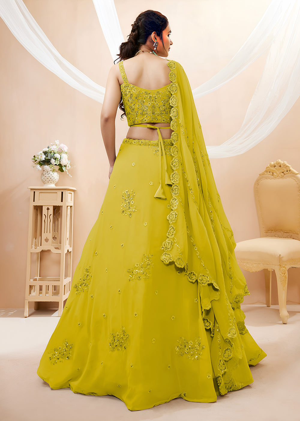 Buy Now Yellow Sequins &amp; Dori Embroidered Festive Lehenga Choli Online in US, UK, Canada, France, Italy, Germany, Sweden, Australia, UAE &amp; Worldwide at Empress.