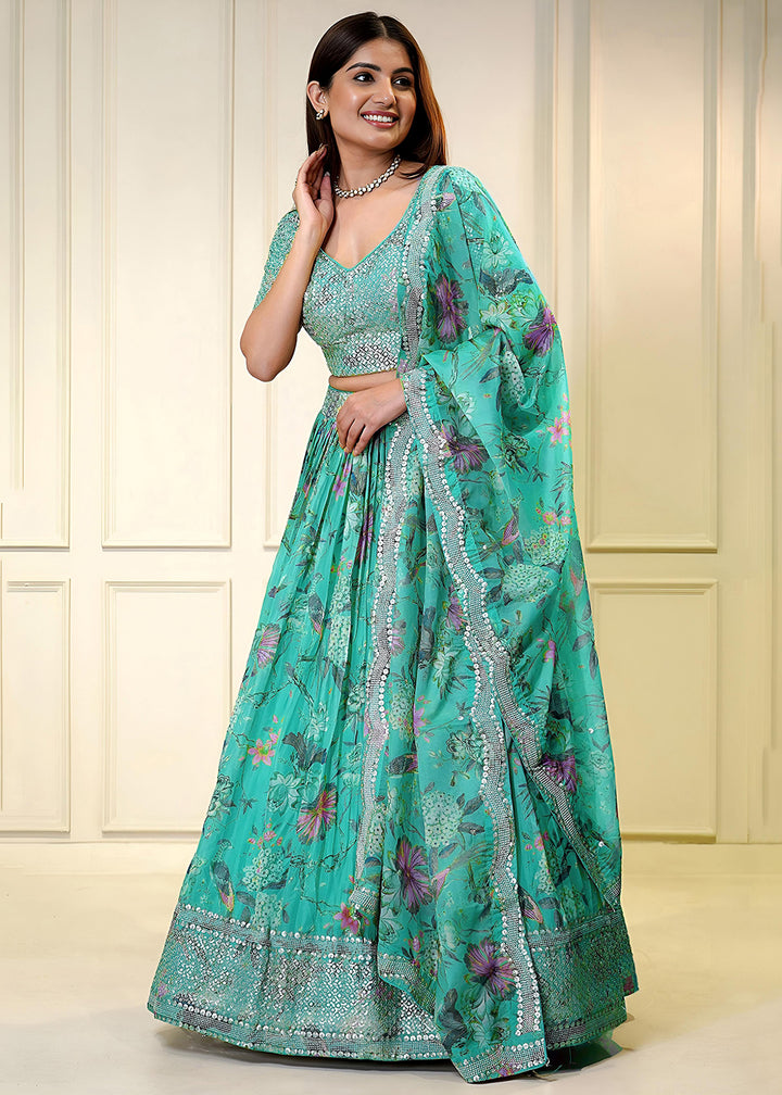 Buy Now Blue Digital Floral Printed Organza Lehenga Choli Online in USA, UK, France, Canada, Italy, Sweden, Greece, UAE, Africa & Worldwide at Empress Clothing.