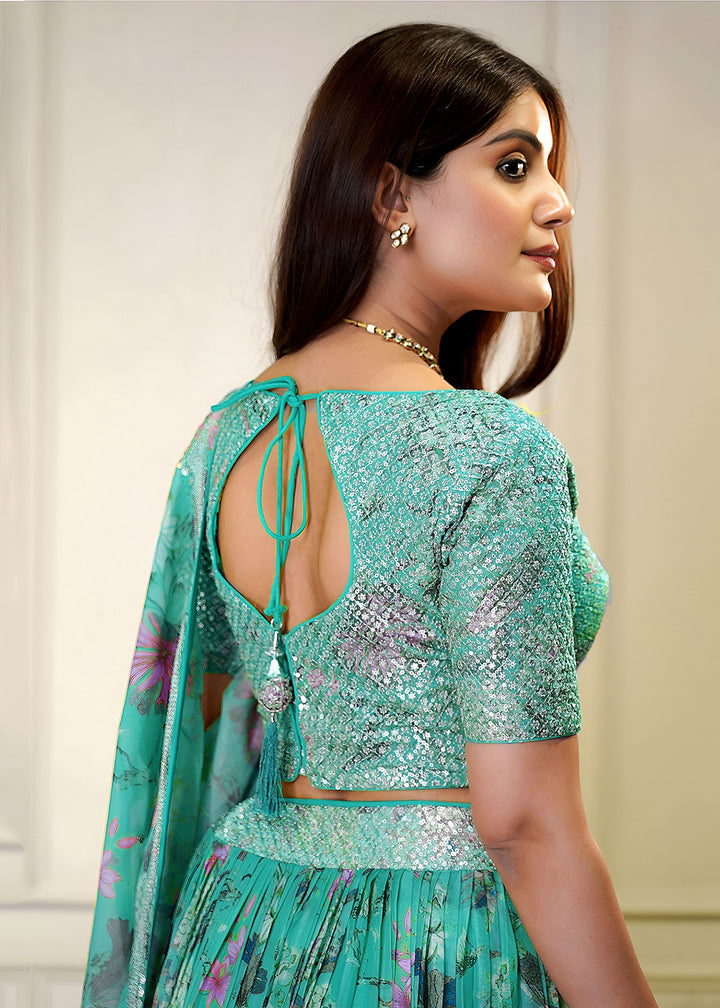 Buy Now Blue Digital Floral Printed Organza Lehenga Choli Online in USA, UK, France, Canada, Italy, Sweden, Greece, UAE, Africa & Worldwide at Empress Clothing.