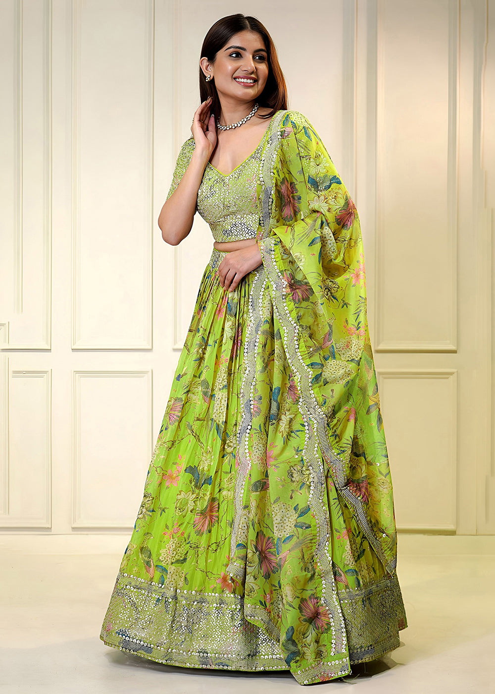 Buy Now Green Digital Floral Printed Organza Lehenga Choli Online in US, UK, France, Canada, Italy, Sweden, Greece, UAE, Africa & Worldwide at Empress Clothing.