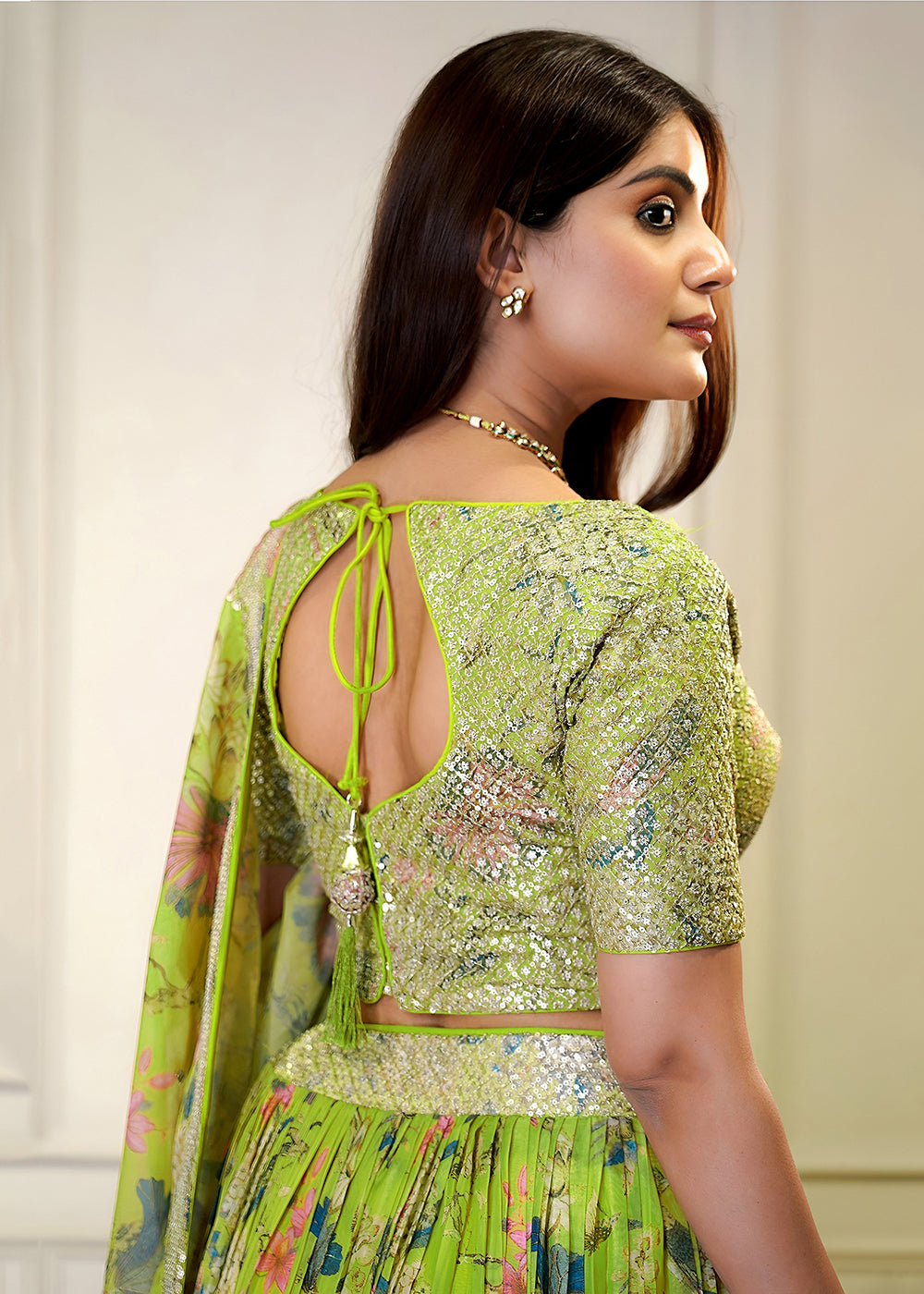 Buy Now Green Digital Floral Printed Organza Lehenga Choli Online in US, UK, France, Canada, Italy, Sweden, Greece, UAE, Africa & Worldwide at Empress Clothing.