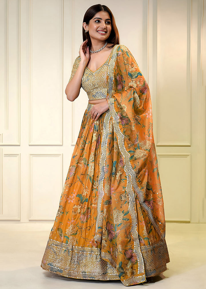 Buy Now Orange Digital Floral Printed Organza Lehenga Choli Online in US, UK, France, Canada, Italy, Sweden, Greece, UAE, Africa & Worldwide at Empress Clothing.