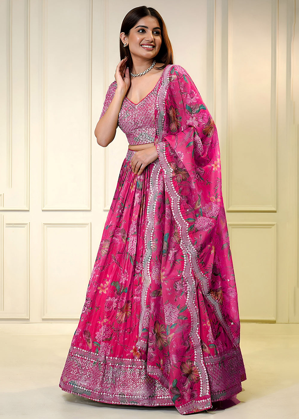 Buy Now Pink Digital Floral Printed Organza Lehenga Choli Online in US, UK, France, Canada, Italy, Sweden, Greece, UAE, Africa & Worldwide at Empress Clothing.