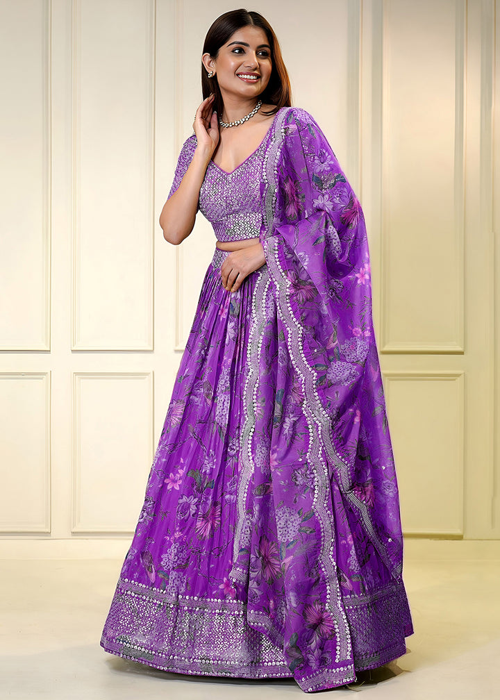 Buy Now Purple Digital Floral Printed Organza Lehenga Choli Online in US, UK, France, Canada, Italy, Sweden, Greece, UAE, Africa & Worldwide at Empress Clothing.