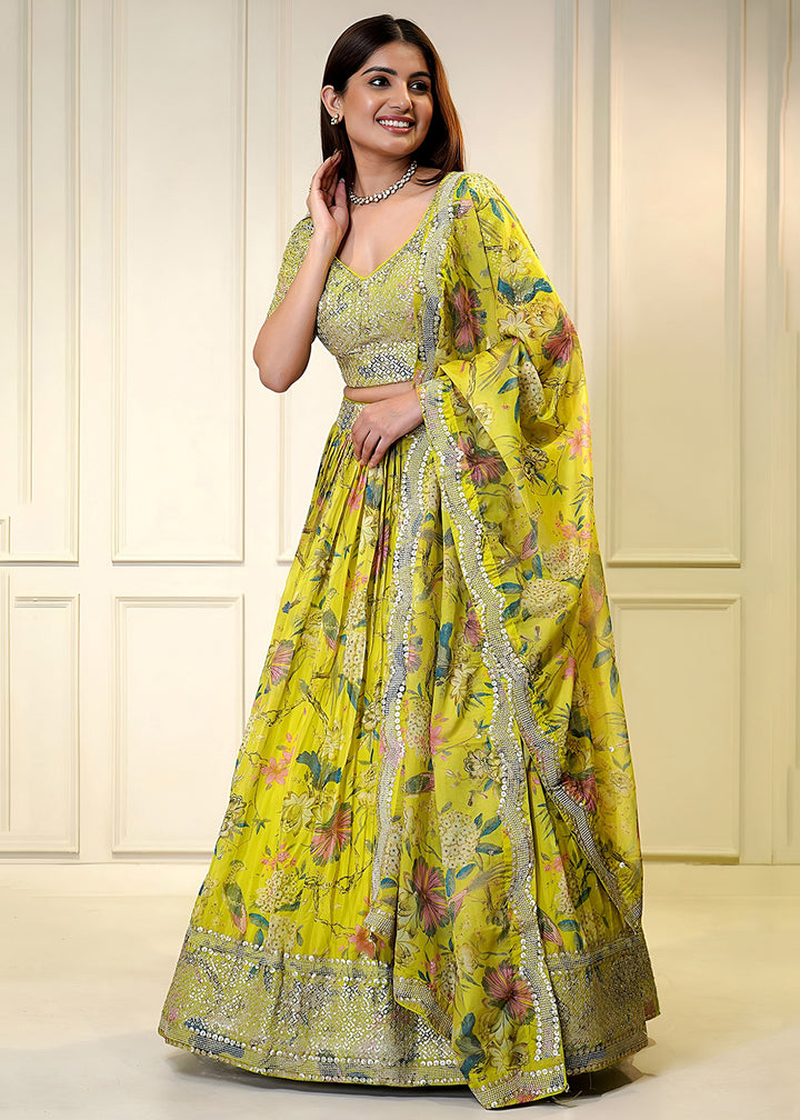 Buy Now Yellow Digital Floral Printed Organza Lehenga Choli Online in US, UK, France, Canada, Italy, Sweden, Greece, UAE, Africa & Worldwide at Empress Clothing