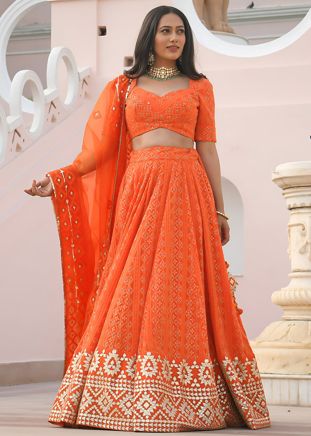 Buy Now Wedding Festive Wear Orange Designer Lehenga Choli Online in US, UK, Canada, France, Italy, Germany, Australia, Greece, UAE & Worldwide at Empress.