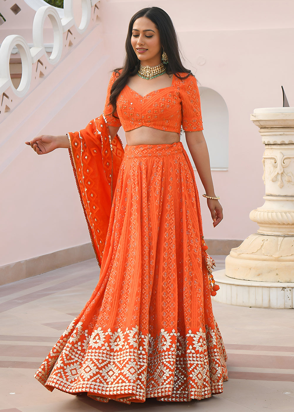 Buy Now Wedding Festive Wear Orange Designer Lehenga Choli Online in US, UK, Canada, France, Italy, Germany, Australia, Greece, UAE &amp; Worldwide at Empress.