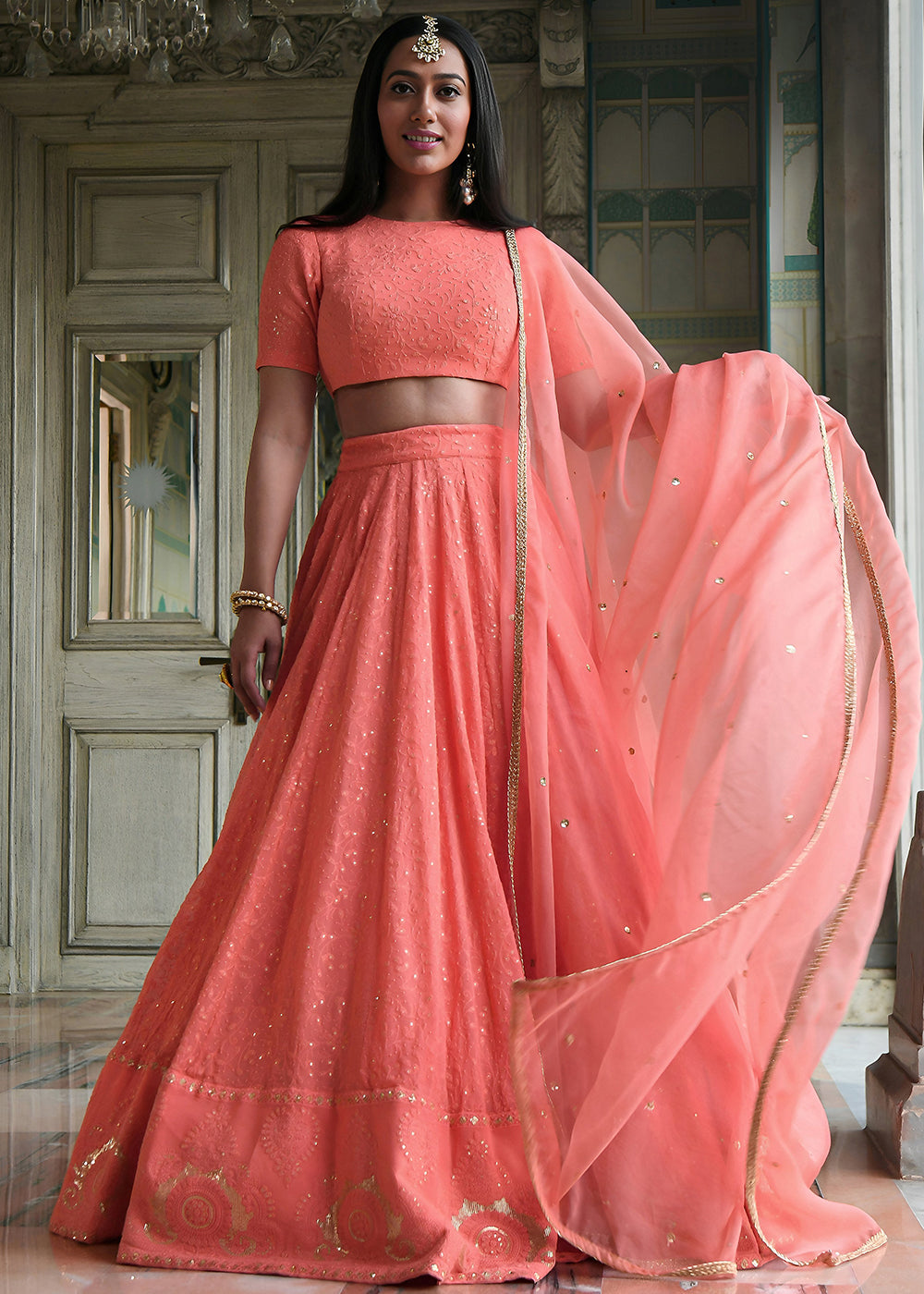 Buy Now Wedding Festive Wear Peach Designer Lehenga Choli Online in US, UK, Canada, France, Italy, Germany, Australia, Greece, UAE & Worldwide at Empress.