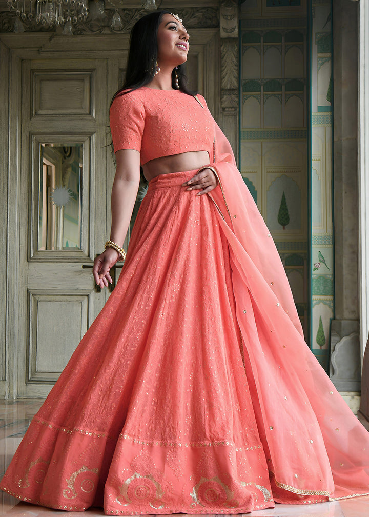Buy Now Wedding Festive Wear Peach Designer Lehenga Choli Online in US, UK, Canada, France, Italy, Germany, Australia, Greece, UAE &amp; Worldwide at Empress.
