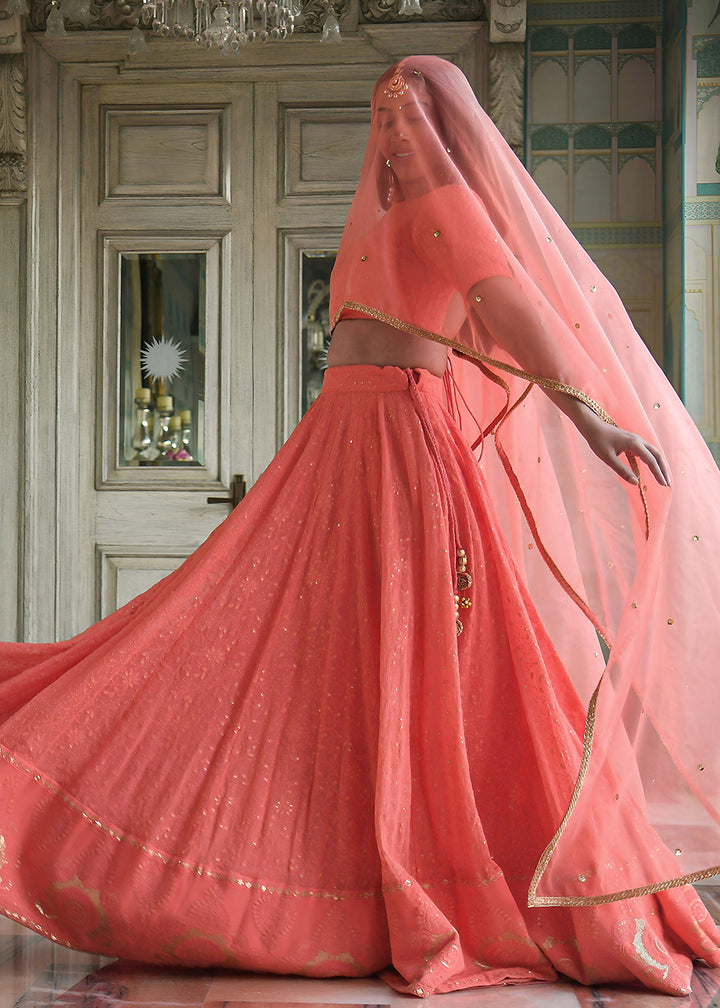 Buy Now Wedding Festive Wear Peach Designer Lehenga Choli Online in US, UK, Canada, France, Italy, Germany, Australia, Greece, UAE &amp; Worldwide at Empress.