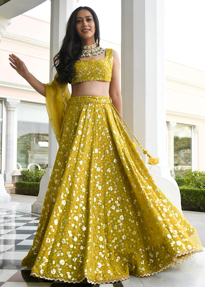Buy Now Wedding Festive Wear  Olive Designer Lehenga Choli Online in US, UK, Canada, France, Italy, Germany, Australia, Greece, UAE &amp; Worldwide at Empress.