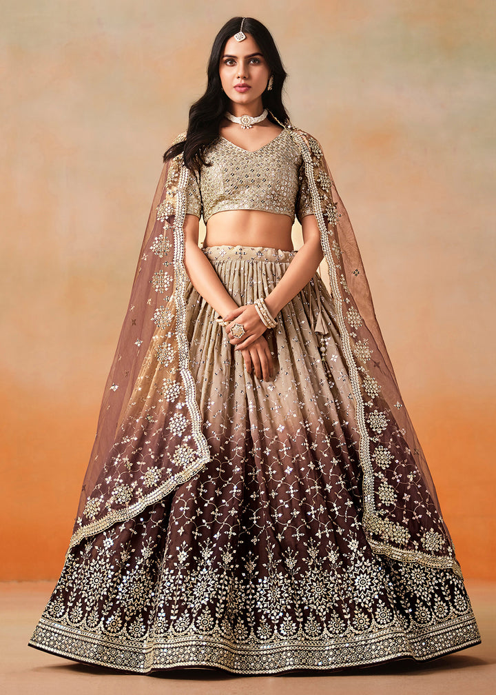 Buy Now Brown Sequins & Zari Embroidered Wedding Lehenga Choli Online in USA, UK, Canada, France, Italy, Germany, Australia, UAE & Worldwide at Empress Clothing.