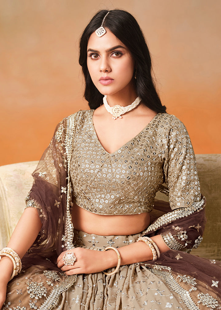 Buy Now Brown Sequins & Zari Embroidered Wedding Lehenga Choli Online in USA, UK, Canada, France, Italy, Germany, Australia, UAE & Worldwide at Empress Clothing.