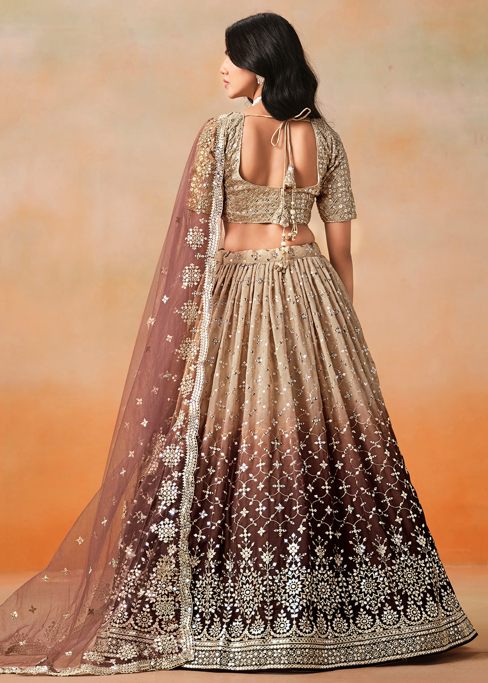 Buy Now Brown Sequins & Zari Embroidered Wedding Lehenga Choli Online in USA, UK, Canada, France, Italy, Germany, Australia, UAE & Worldwide at Empress Clothing.