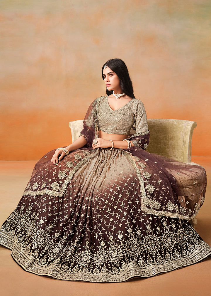 Buy Now Brown Sequins & Zari Embroidered Wedding Lehenga Choli Online in USA, UK, Canada, France, Italy, Germany, Australia, UAE & Worldwide at Empress Clothing.