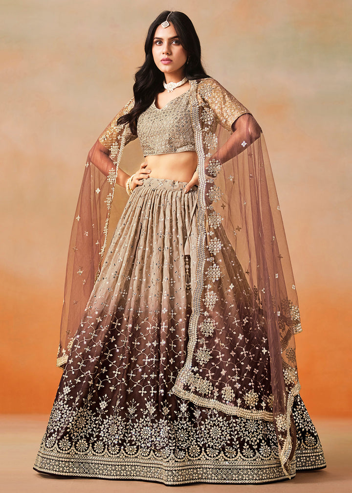 Buy Now Brown Sequins & Zari Embroidered Wedding Lehenga Choli Online in USA, UK, Canada, France, Italy, Germany, Australia, UAE & Worldwide at Empress Clothing.